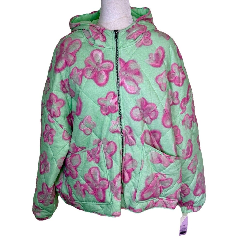 Women’s Mint Green Pink Floral Quilted Hooded‎ Jacket Candycore Whimsical XXL